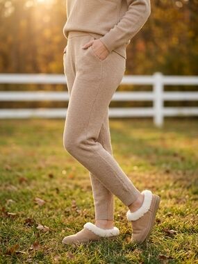 L.L. Bean Cozy Shearling-Trim Slip-On Booties in Tan